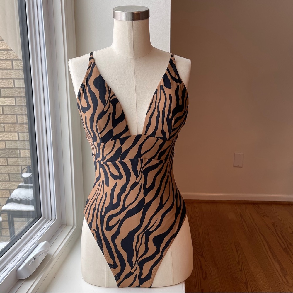 NEW J. Crew V-Neck Tan & Black Zebra Swimsuit